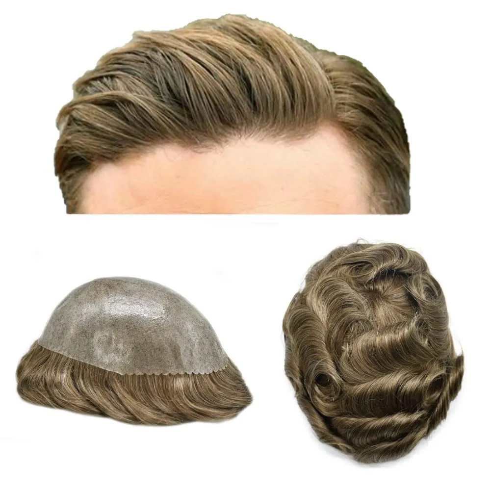 Full Poly Skin Toupee For Men Hair Replacement System Mens Toupee Real Human Hair PU Injection Hair Replacement System For Men Hair Pieces 7x9 Medium light density #1710 17# DARK ASH BLONDE 10% GREY