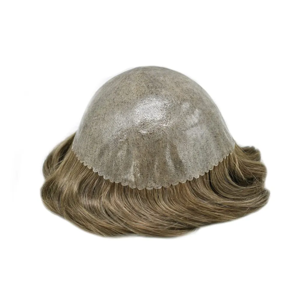 Full Poly Skin Toupee For Men Hair Replacement System Mens Toupee Real Human Hair PU Injection Hair Replacement System For Men Hair Pieces 7x9 Medium light density #1710 17# DARK ASH BLONDE 10% GREY