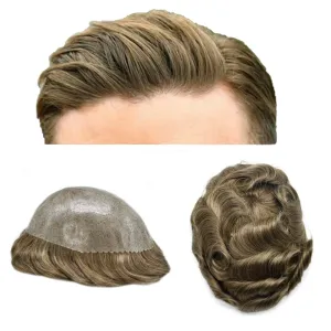 Full Poly Skin Toupee For Men Hair Replacement System Mens Toupee Real Human Hair PU Injection Hair Replacement System For Men Hair Pieces 7x9 Medium light density #1710 17# DARK ASH BLONDE 10% GREY