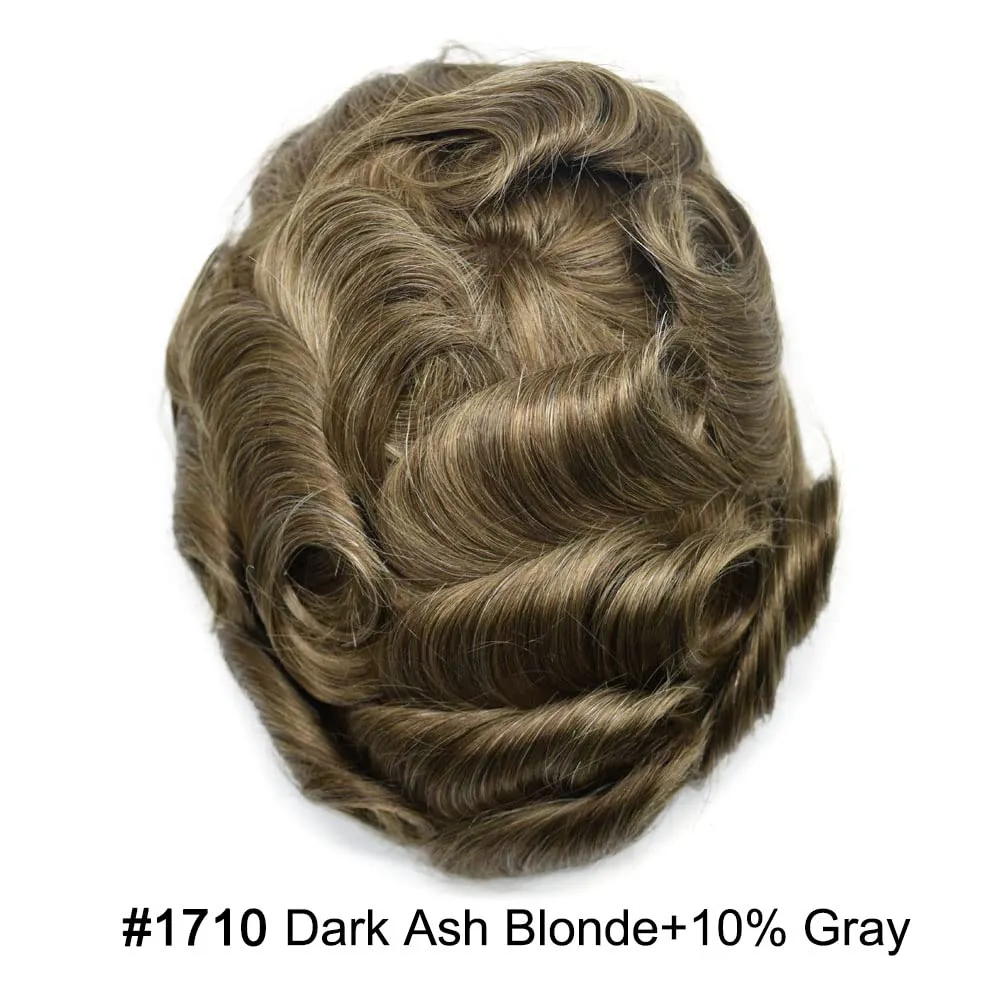 Full Poly Skin Toupee For Men Hair Replacement System Mens Toupee Real Human Hair PU Injection Hair Replacement System For Men Hair Pieces 7x9 Medium light density #1710 17# DARK ASH BLONDE 10% GREY