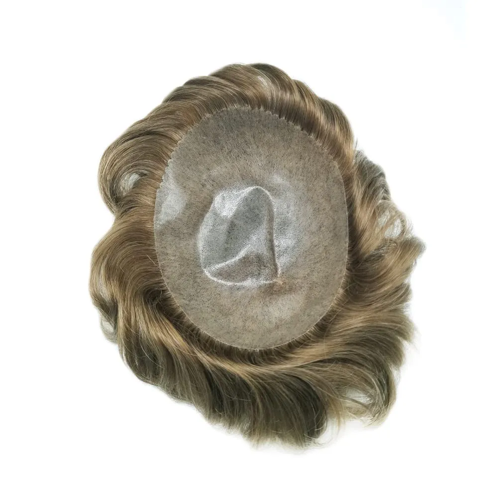 Full Poly Skin Toupee For Men Hair Replacement System Mens Toupee Real Human Hair PU Injection Hair Replacement System For Men Hair Pieces 7x9 Medium light density #1710 17# DARK ASH BLONDE 10% GREY
