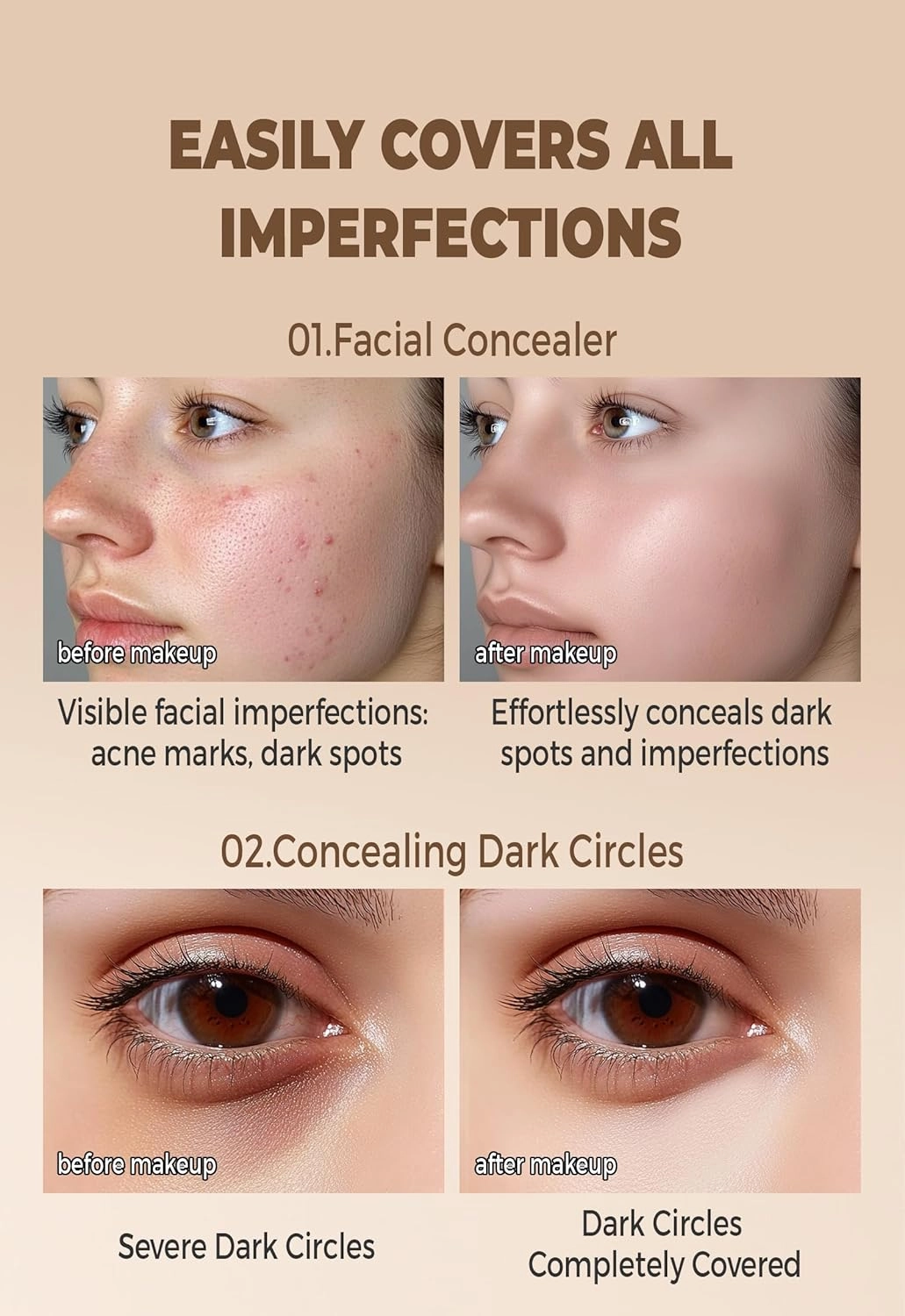 Full Coverage Concealer Cream,Waterproof Long-Lasting Hydrating Concealer for Women (151, 1.36 Fl Oz)