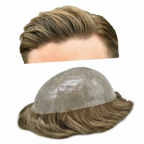 Full Poly Skin Toupee For Men Hair Replacement System Mens Toupee Real Human Hair PU Injection Hair Replacement System For Men Hair Pieces 7x9 Medium light density #1720 17# DARK ASH BLONDE 20% GREY