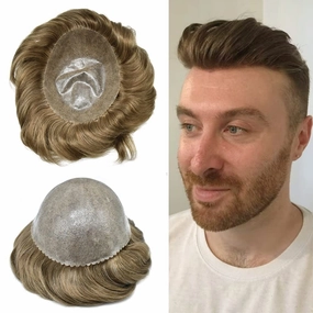 Full Poly Skin Toupee For Men Hair Replacement System Mens Toupee Real Human Hair PU Injection Hair Replacement System For Men Hair Pieces 7x9 Medium light density #1730 17# DARK ASH BLONDE 30% GREY