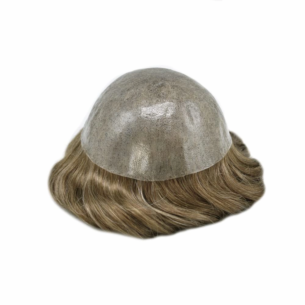 Full Poly Skin Toupee For Men Hair Replacement System Mens Toupee Real Human Hair PU Injection Hair Replacement System For Men Hair Pieces 7x9 Medium light density #1730 17# DARK ASH BLONDE 30% GREY