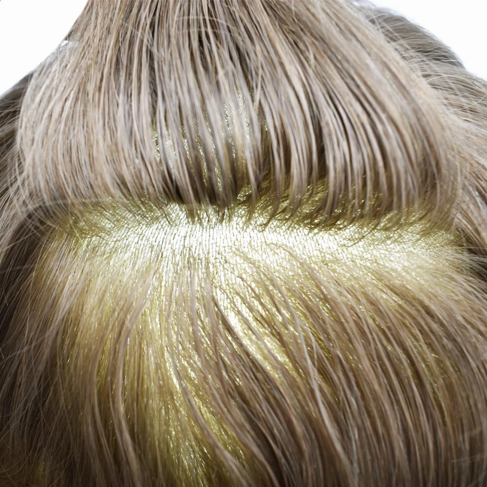 Full Poly Skin Toupee For Men Hair Replacement System Mens Toupee Real Human Hair PU Injection Hair Replacement System For Men Hair Pieces 7x9 Medium light density #1810 18# MEDIUM BLONDE 10% GREY