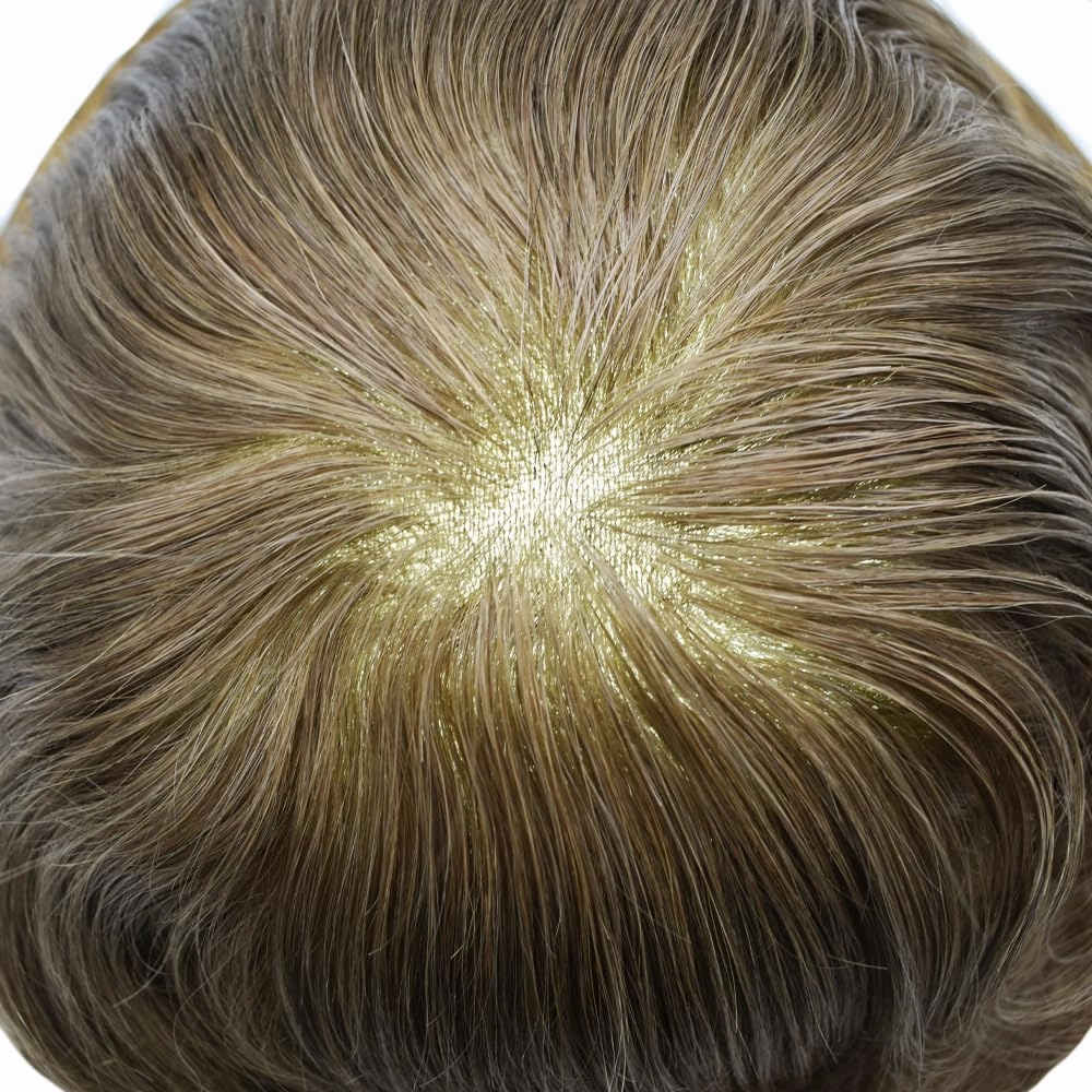 Full Poly Skin Toupee For Men Hair Replacement System Mens Toupee Real Human Hair PU Injection Hair Replacement System For Men Hair Pieces 7x9 Medium light density #1810 18# MEDIUM BLONDE 10% GREY