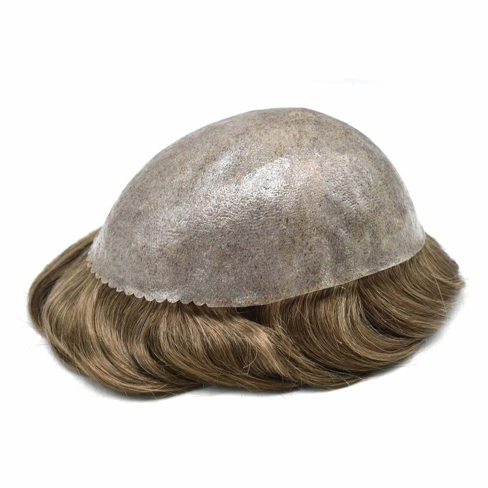 Full Poly Skin Toupee For Men Hair Replacement System Mens Toupee Real Human Hair PU Injection Hair Replacement System For Men Hair Pieces 7x9 Medium light density #1810 18# MEDIUM BLONDE 10% GREY