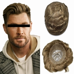 Full Poly Skin Toupee For Men Hair Replacement System Mens Toupee Real Human Hair PU Injection Hair Replacement System For Men Hair Pieces 7x9 Medium light density #1810 18# MEDIUM BLONDE 10% GREY