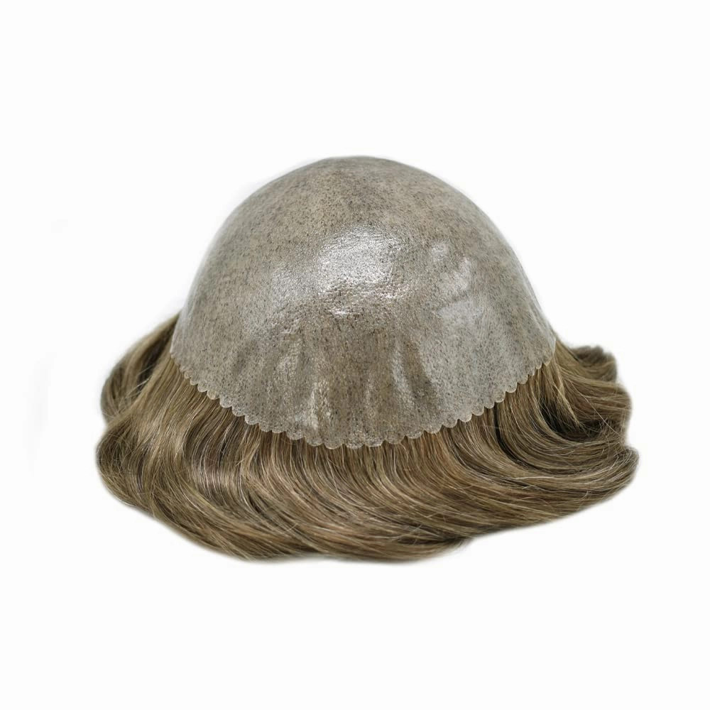Full Poly Skin Toupee For Men Hair Replacement System Mens Toupee Real Human Hair PU Injection Hair Replacement System For Men Hair Pieces 7x9 Medium light density #720 7# VERY LIGHT BROWN 20% GREY