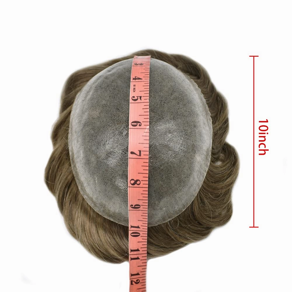 Full Poly Skin Toupee For Men Hair Replacement System Mens Toupee Real Human Hair PU Injection Hair Replacement System For Men Hair Pieces 7x9 Medium light density #720 7# VERY LIGHT BROWN 20% GREY