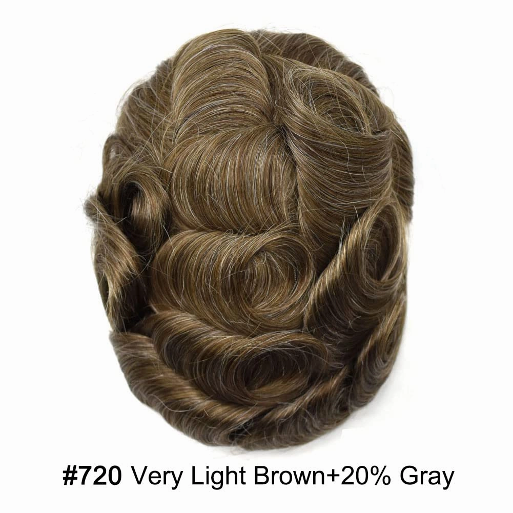 Full Poly Skin Toupee For Men Hair Replacement System Mens Toupee Real Human Hair PU Injection Hair Replacement System For Men Hair Pieces 7x9 Medium light density #720 7# VERY LIGHT BROWN 20% GREY