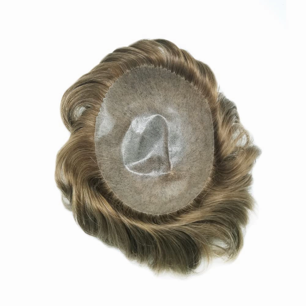 Full Poly Skin Toupee For Men Hair Replacement System Mens Toupee Real Human Hair PU Injection Hair Replacement System For Men Hair Pieces 7x9 Medium light density #720 7# VERY LIGHT BROWN 20% GREY