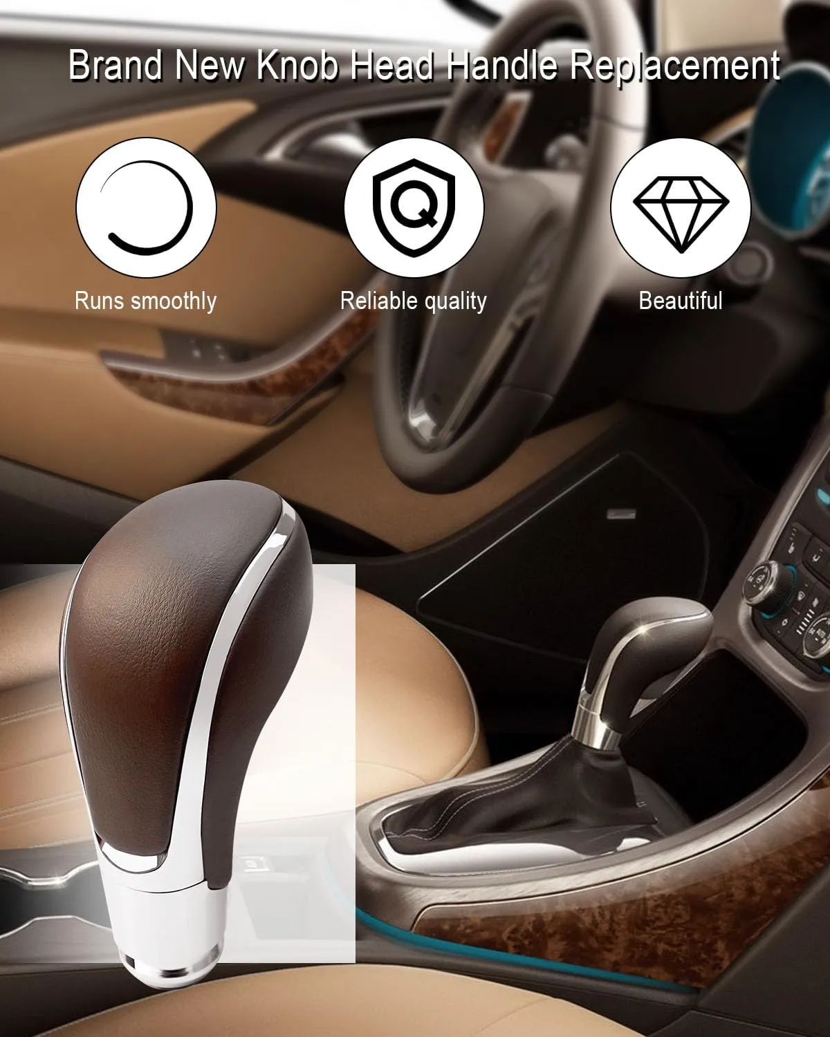 Gear Shifter Knob for Buick Verano 2012-2017 Gear Shift Knob Leather Car Stick Lever Handle Shifter Head Transmission Gear Shift Lever Knob, Brown