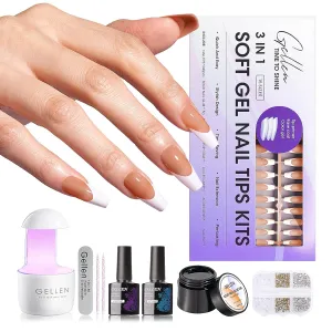 Gellen French Tips 3 in 1 Soft Gel Nail Tips Kit - Soft Gel Nail Tips with Tip Base Coat Top Coat, 240pcs Brown Medium Coffin Nails Fake Nail with Solid UV Nail Glue Nail Extension Kit for Gift
