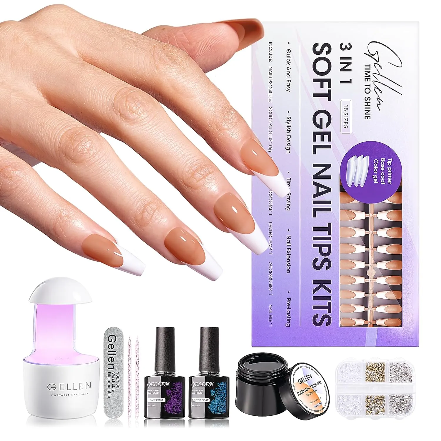 Gellen French Tips 3 in 1 Soft Gel Nail Tips Kit - Soft Gel Nail Tips with Tip Base Coat Top Coat, 240pcs Brown Medium Coffin Nails Fake Nail with Solid UV Nail Glue Nail Extension Kit for Gift