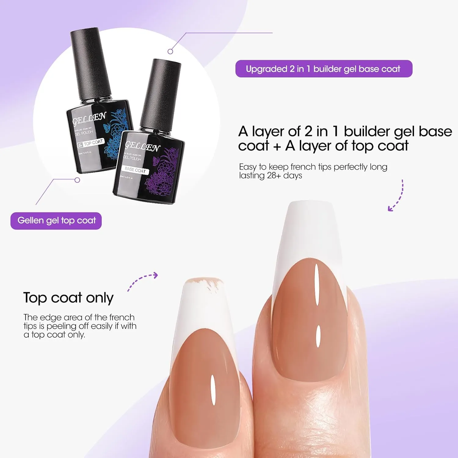 Gellen French Tips 3 in 1 Soft Gel Nail Tips Kit - Soft Gel Nail Tips with Tip Base Coat Top Coat, 240pcs Brown Medium Coffin Nails Fake Nail with Solid UV Nail Glue Nail Extension Kit for Gift