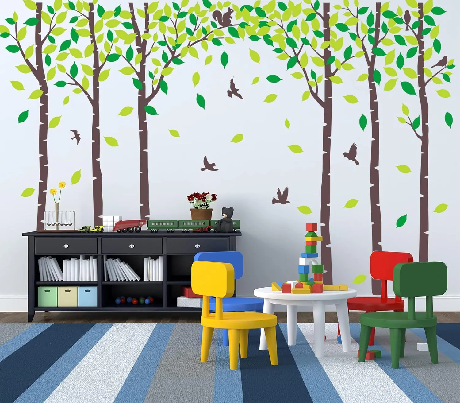 Giant Family Tree Wall Decals Forest Birch Tree Wall Stickers Birds Wall Art for Kids Room Nursery Bedroom Living Room Decoration(Dark Brown and Green)