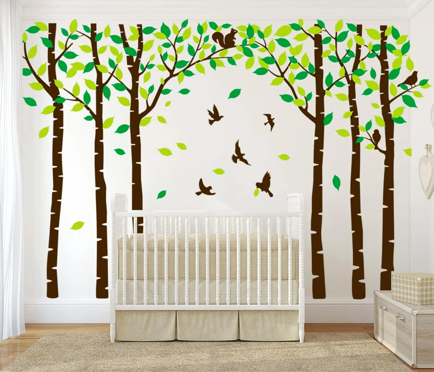 Giant Family Tree Wall Decals Forest Birch Tree Wall Stickers Birds Wall Art for Kids Room Nursery Bedroom Living Room Decoration(Dark Brown and Green)