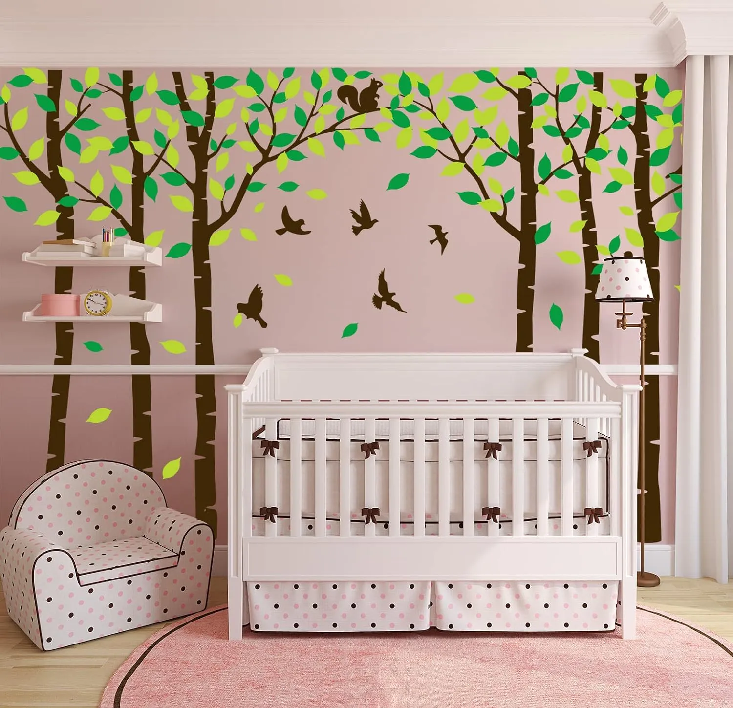 Giant Family Tree Wall Decals Forest Birch Tree Wall Stickers Birds Wall Art for Kids Room Nursery Bedroom Living Room Decoration(Dark Brown and Green)