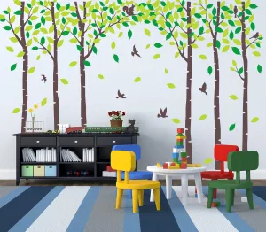 Giant Family Tree Wall Decals Forest Birch Tree Wall Stickers Birds Wall Art for Kids Room Nursery Bedroom Living Room Decoration(Dark Brown and Green)