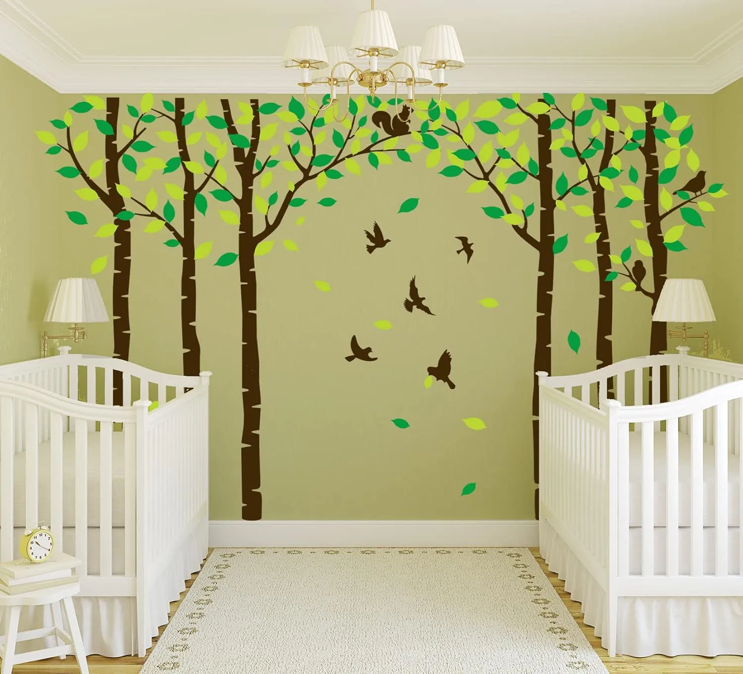 Giant Family Tree Wall Decals Forest Birch Tree Wall Stickers Birds Wall Art for Kids Room Nursery Bedroom Living Room Decoration(Dark Brown and Green)