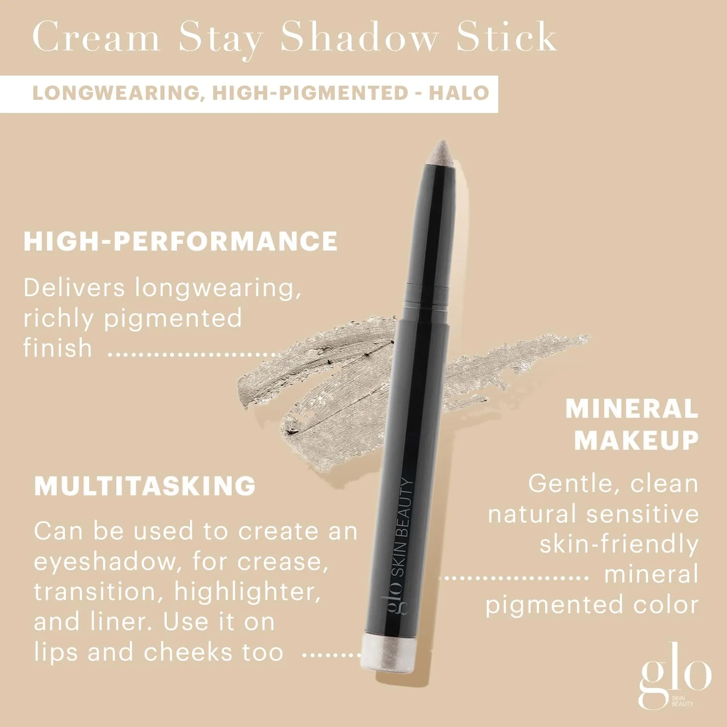 Glo Skin Beauty Cream Stay Shadow Stick (Halo) - Multi-Purpose Eyeshadow Mineral Makeup Can Also Be Used as Liner on Lips or Cheeks, 12-Hours of Wear