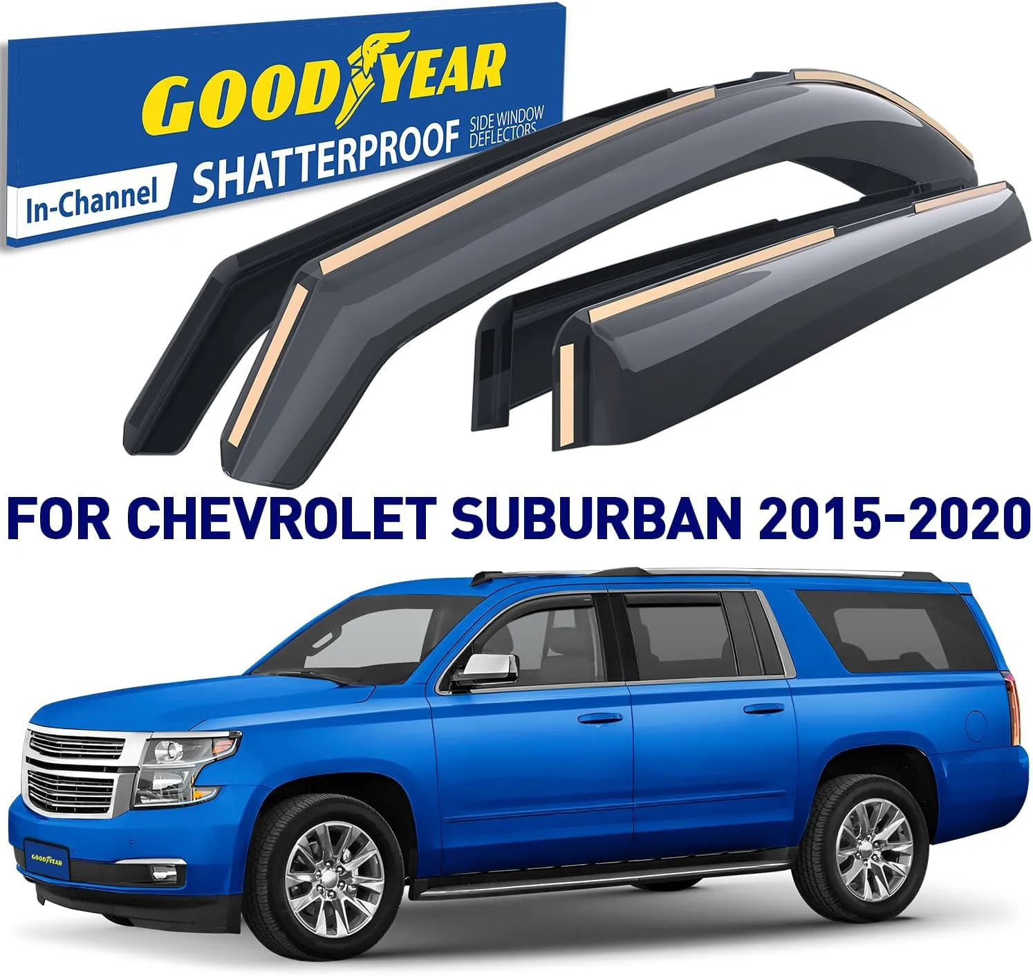 Goodyear Shatterproof in-Channel Window Deflectors for Chevy Suburban 2015-2020, Rain Guards, Window Visors for Cars, Vent Deflector, Car Accessories, 4 pcs - GY007939