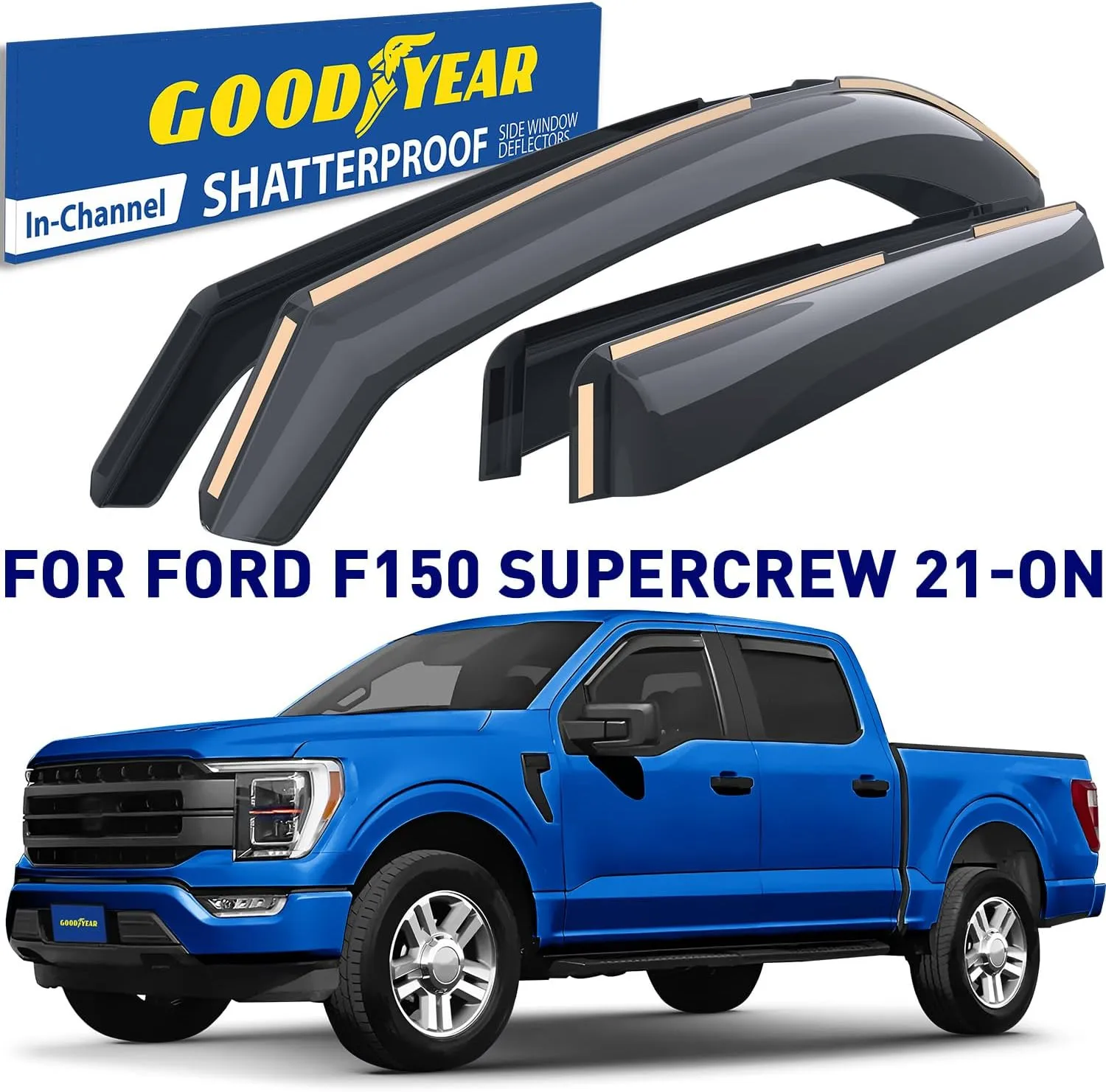 Goodyear Shatterproof in-Channel Window Deflectors for Ford F150 2021-2025 SuperCrew, Rain Guards, Window Visors for Cars, Vent Deflector, Car Accessories, 4 pcs - GY008037