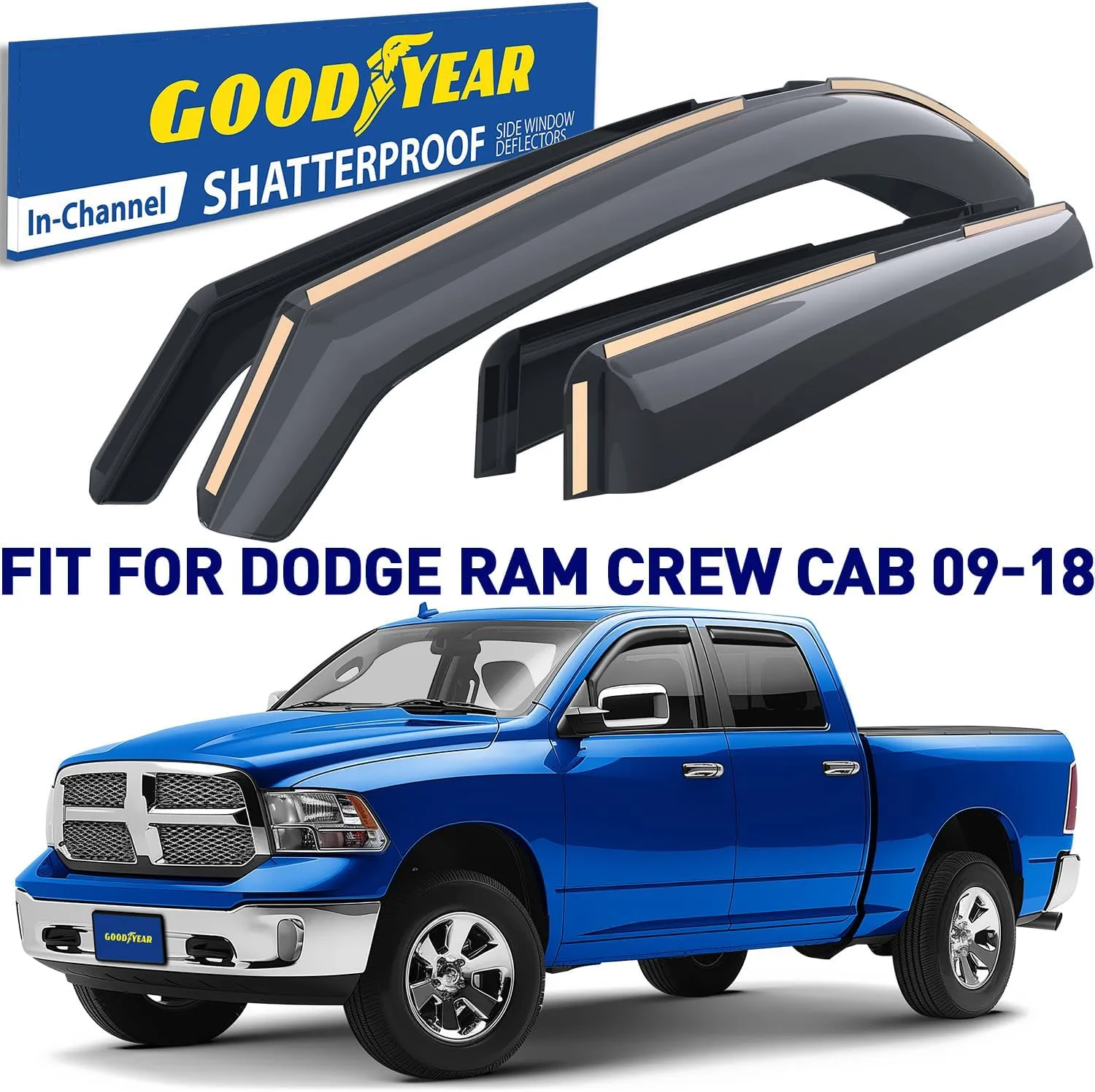 Goodyear Shatterproof in-Channel Window Deflectors for Trucks Dodge RAM 2009-2018 Crew Cab 1500 2500 3500, Rain Guards, Window Visors for Cars, Vent Deflector, Truck Accessories, 4 pcs- GY003404