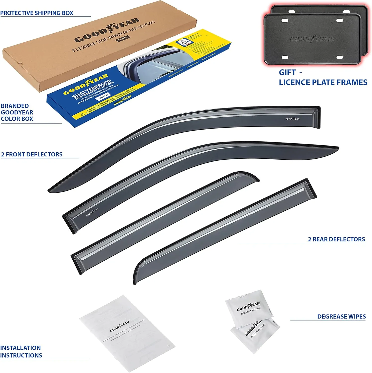 Goodyear Shatterproof Window Deflectors for Ford F250 to F550 Super Duty 2017-2025 Crew Cab, Tape-on Rain Guards, Window Visors, Vent Deflector Visor, Car Accessories, 4 pcs. - GY008801