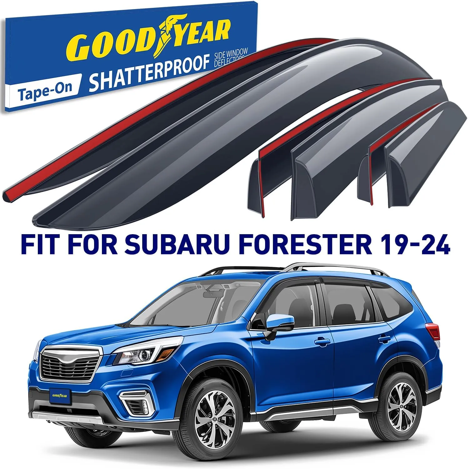 Goodyear shatterproof Window Deflectors for Subaru Forester 2019-2024 Base, Premium, Sport, Wilderness, Tape-on Rain Guards, Window Visors, Vent Deflector Visor, Car Accessories, 6 pcs. - GY008702