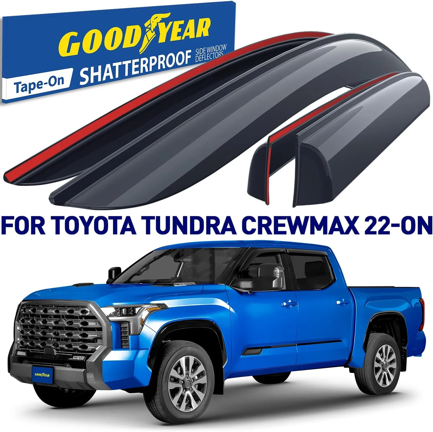 Goodyear Shatterproof Window Deflectors for Toyota Tundra 2022-2025 CrewMax, Tape-on Rain Guards, Window Visors, Vent Deflector Visor,Car Accessories,4 pcs. - GY008611