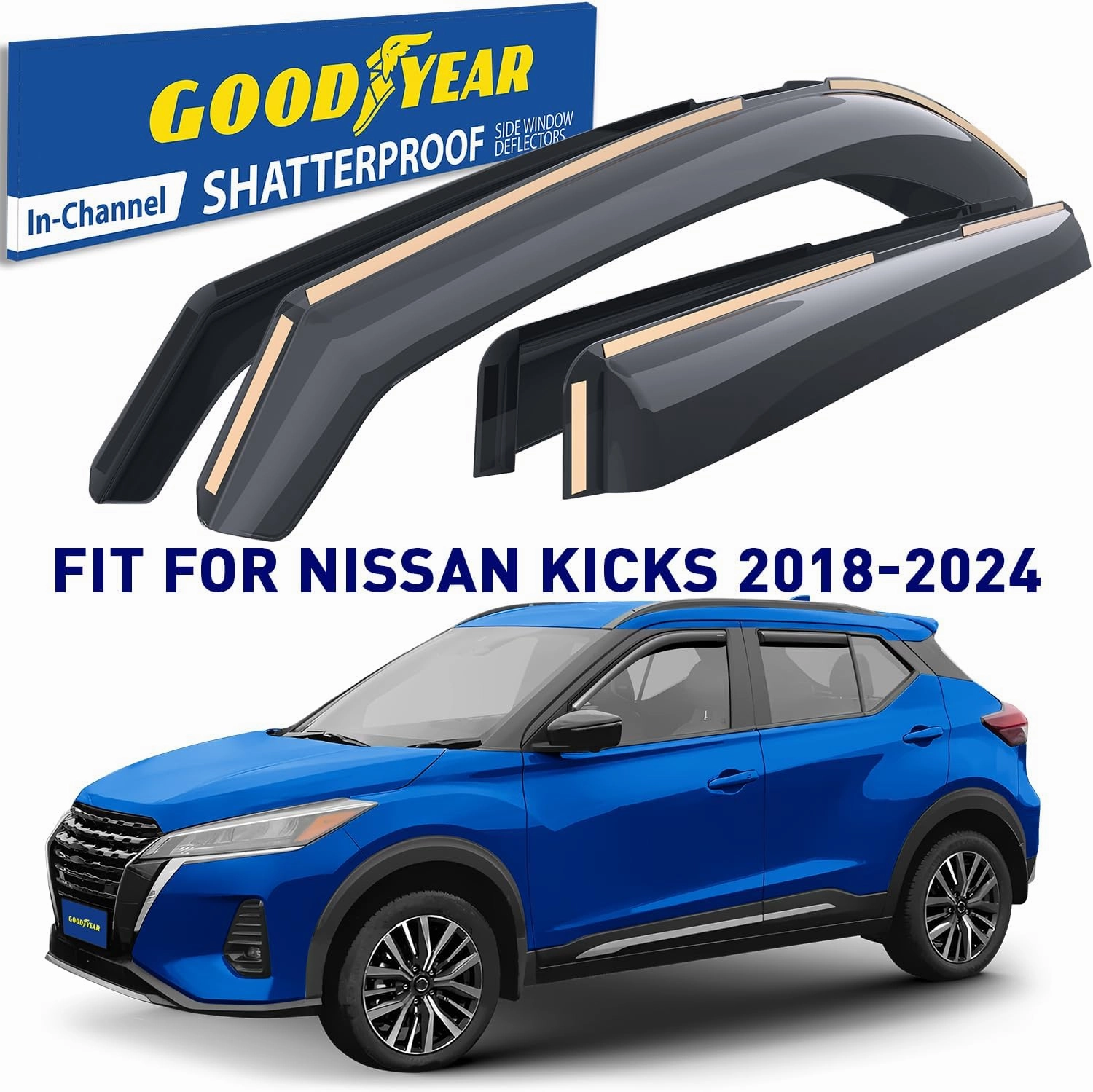 Goodyear Shatterproof in-Channel Window Deflectors for Nissan Kicks 2018-2024, Rain Guards, Window Visors for Cars, Vent Deflector, Car Accessories, 4 pcs - GY007847