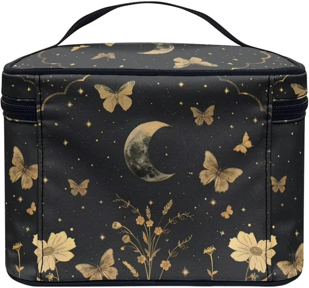 Goth Makeup Bag for Women Star and Moon cosmetic bag with handle on top Butterfly Toiletry Bag for Travel Size Bottles Aesthetic Skincare Travel Bag Cute Black Makeup Organizer Bag for Travel