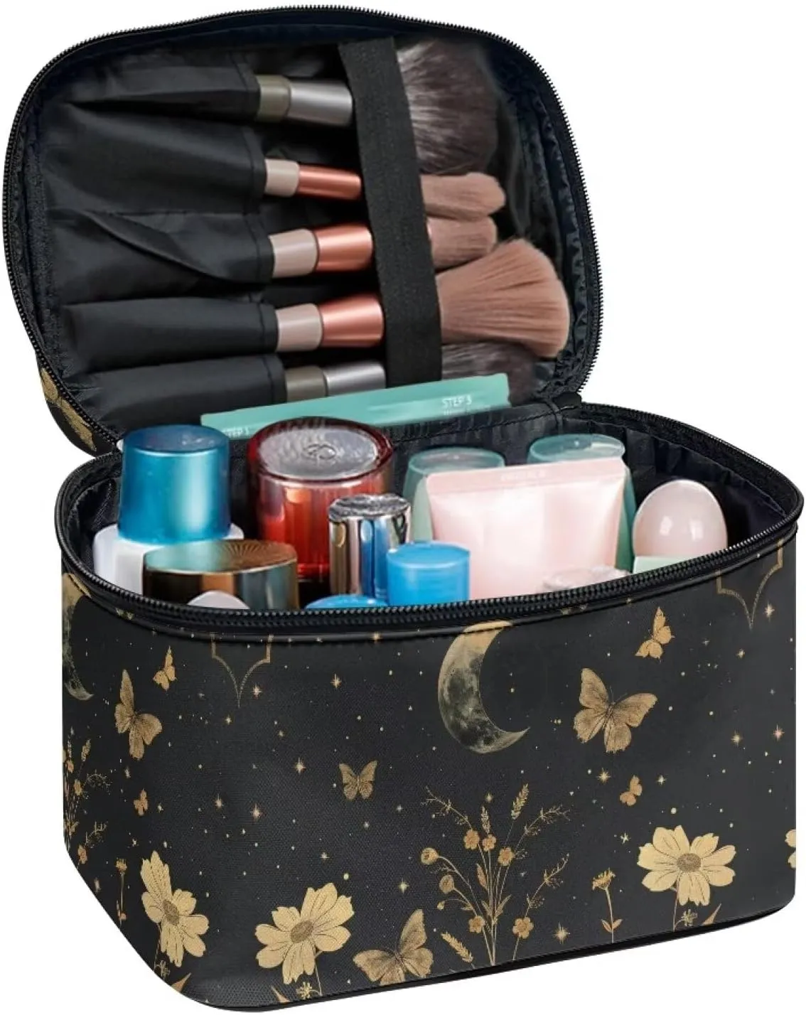 Goth Makeup Bag for Women Star and Moon cosmetic bag with handle on top Butterfly Toiletry Bag for Travel Size Bottles Aesthetic Skincare Travel Bag Cute Black Makeup Organizer Bag for Travel