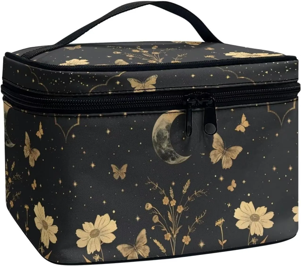 Goth Makeup Bag for Women Star and Moon cosmetic bag with handle on top Butterfly Toiletry Bag for Travel Size Bottles Aesthetic Skincare Travel Bag Cute Black Makeup Organizer Bag for Travel
