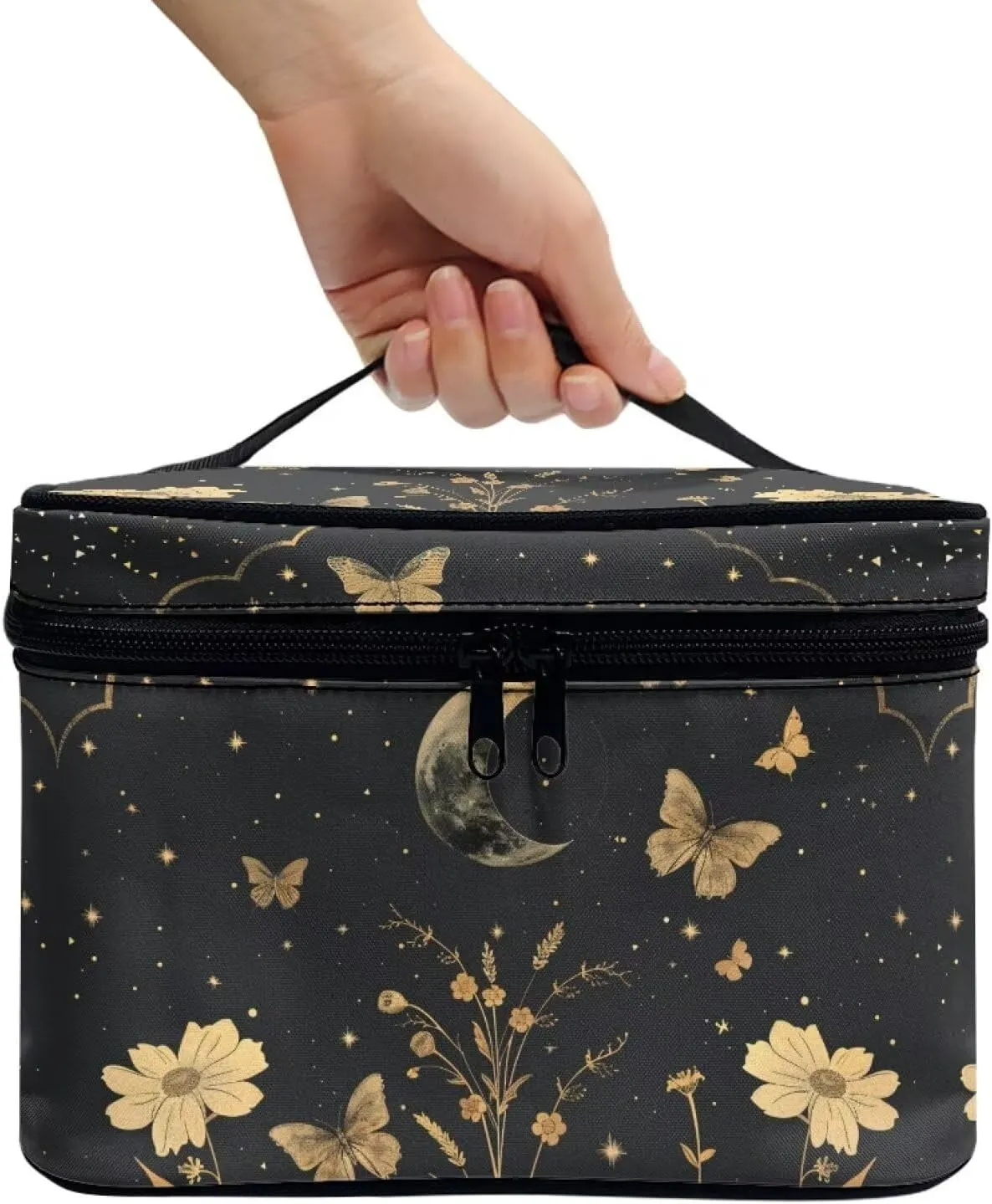 Goth Makeup Bag for Women Star and Moon cosmetic bag with handle on top Butterfly Toiletry Bag for Travel Size Bottles Aesthetic Skincare Travel Bag Cute Black Makeup Organizer Bag for Travel