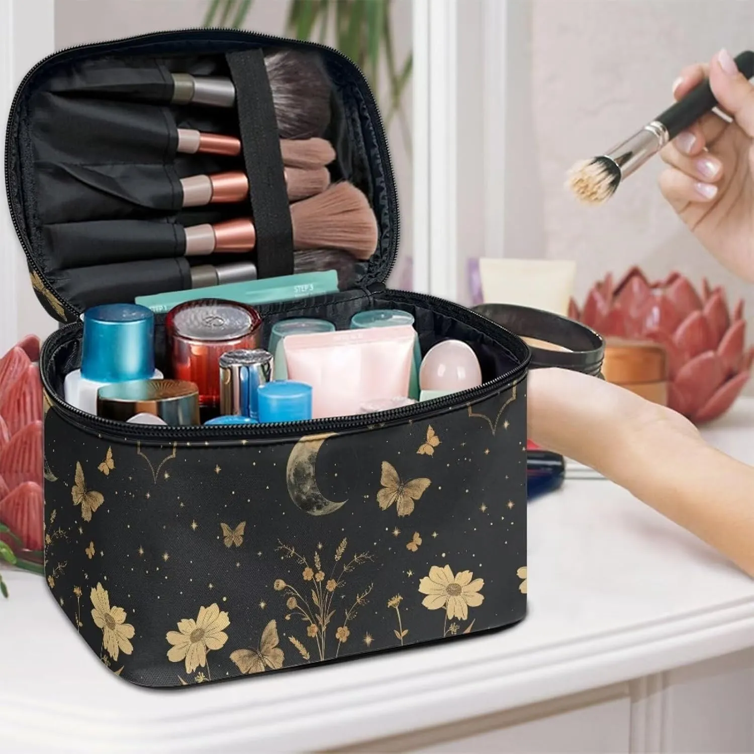 Goth Makeup Bag for Women Star and Moon cosmetic bag with handle on top Butterfly Toiletry Bag for Travel Size Bottles Aesthetic Skincare Travel Bag Cute Black Makeup Organizer Bag for Travel