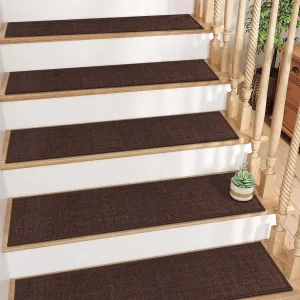 GOYLSER Non Slip Stair Carpet Treads with Rubber Backed, Jute Stair Rug Protector for Carpeted Stair, Deep Brown Staircase Step Treads, Reusable Stair Mat Pads for Bare Feet, 30x8 Inches