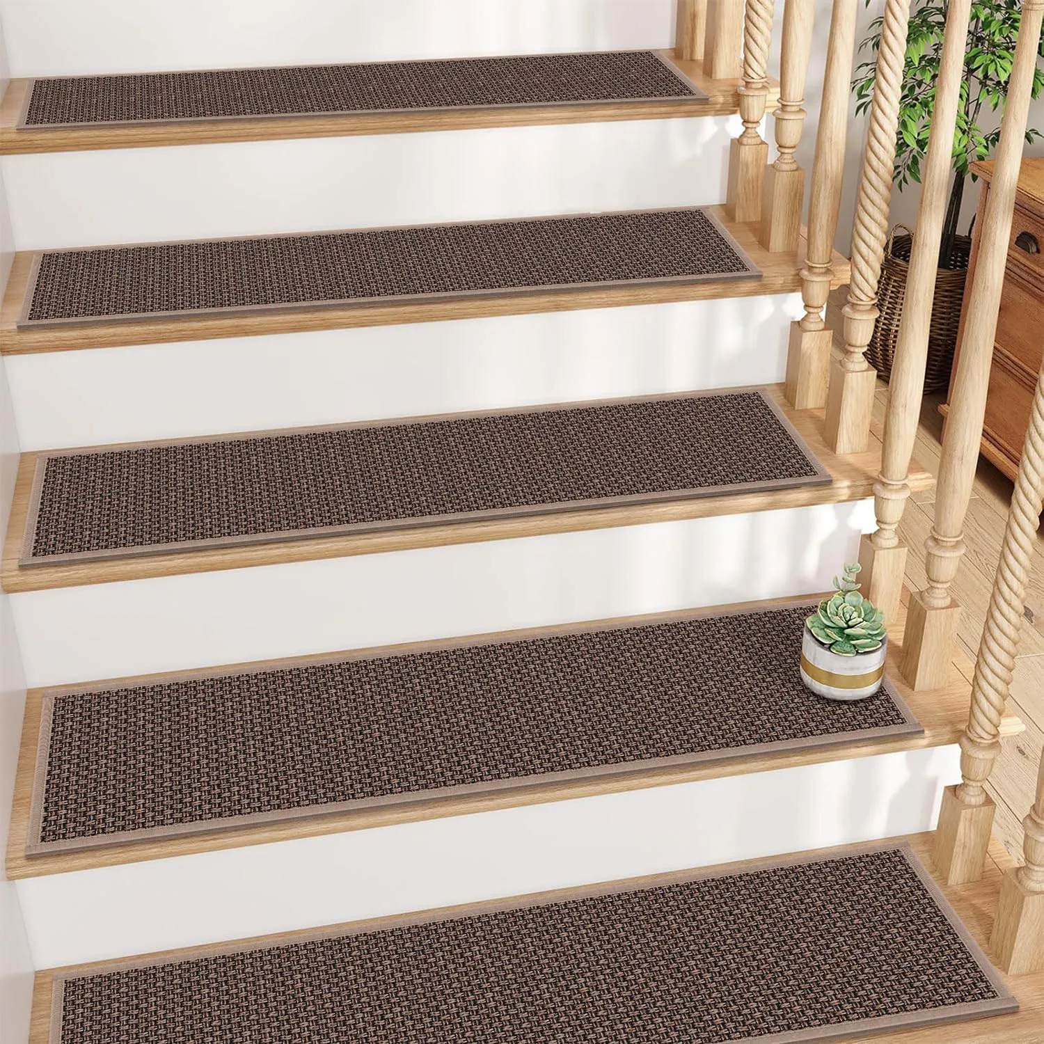 GOYLSER Rubber Stair Treads for Wooden Steps, 15Pack Jute Stair Covers Pads Non Slip, Machine Washing Stair Protector, Light Brown Step Rug Stairway Treads, 8"x30"