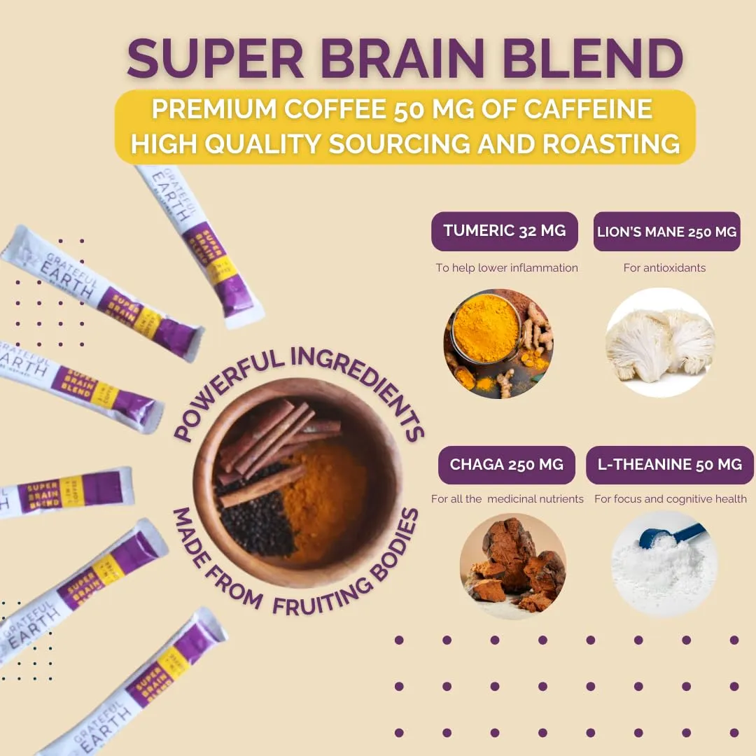 Grateful Earth Mushroom Coffee, Coconut Instant Coffee with Cinnamon, Turmeric, Lion’s Mane Mushrooms, L-Theanine, Chaga, Super Brain Blend For Energy & Immune Support, Dairy & Gluten Free, 20 Packets