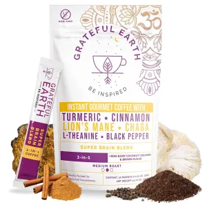 Grateful Earth Mushroom Coffee, Coconut Instant Coffee with Cinnamon, Turmeric, Lion’s Mane Mushrooms, L-Theanine, Chaga, Super Brain Blend For Energy & Immune Support, Dairy & Gluten Free, 20 Packets