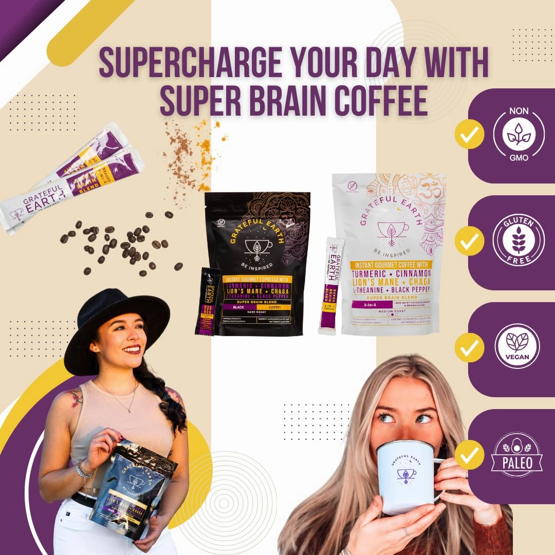 Grateful Earth Mushroom Coffee, Coconut Instant Coffee with Cinnamon, Turmeric, Lion’s Mane Mushrooms, L-Theanine, Chaga, Super Brain Blend For Energy & Immune Support, Dairy & Gluten Free, 20 Packets