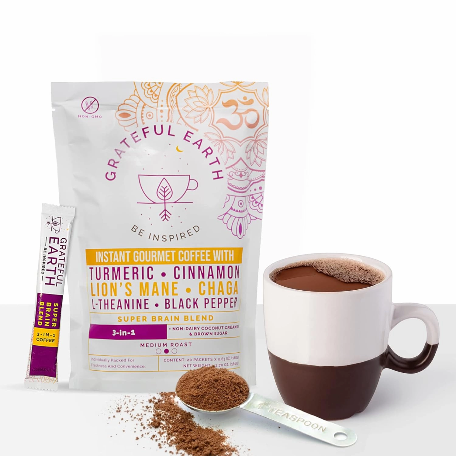 Grateful Earth Mushroom Coffee, Coconut Instant Coffee with Cinnamon, Turmeric, Lion’s Mane Mushrooms, L-Theanine, Chaga, Super Brain Blend For Energy & Immune Support, Dairy & Gluten Free, 20 Packets