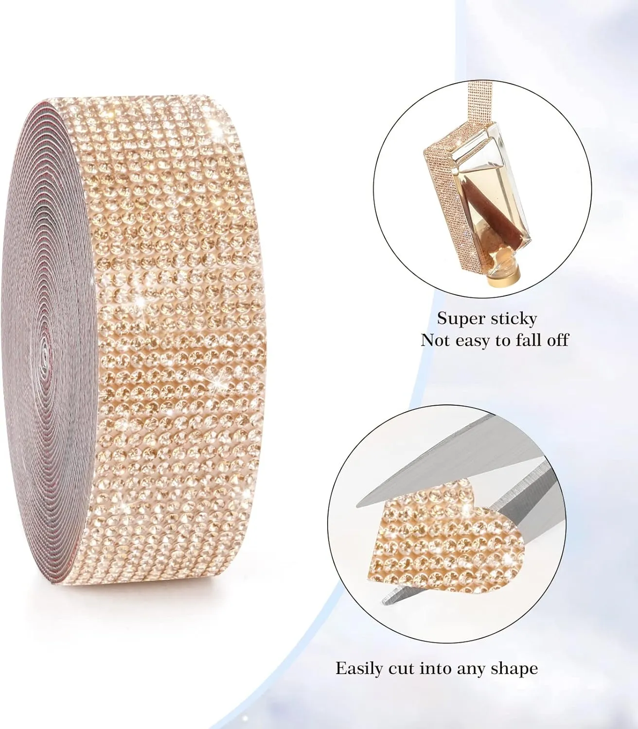 GREAT&LUCKY 3 Rolls 9 Yards Self Adhesive Crystal Rhinestone Diamond Ribbon - Bling Diamond Stickers Wrap Roll DIY for Crafts Arts, Rhinestone Strips Tape for Car Phone Decoration(Champagne)