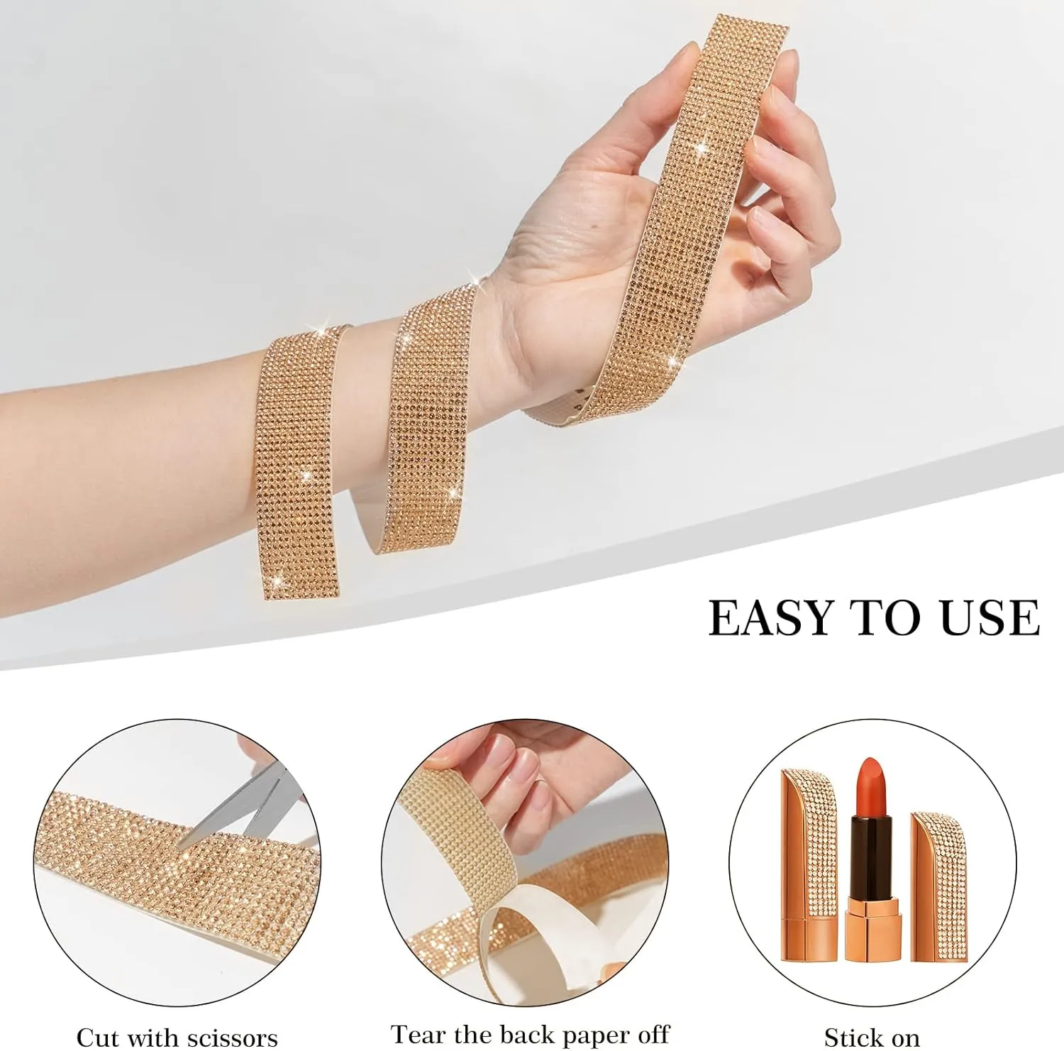 GREAT&LUCKY 3 Rolls 9 Yards Self Adhesive Crystal Rhinestone Diamond Ribbon - Bling Diamond Stickers Wrap Roll DIY for Crafts Arts, Rhinestone Strips Tape for Car Phone Decoration(Champagne)