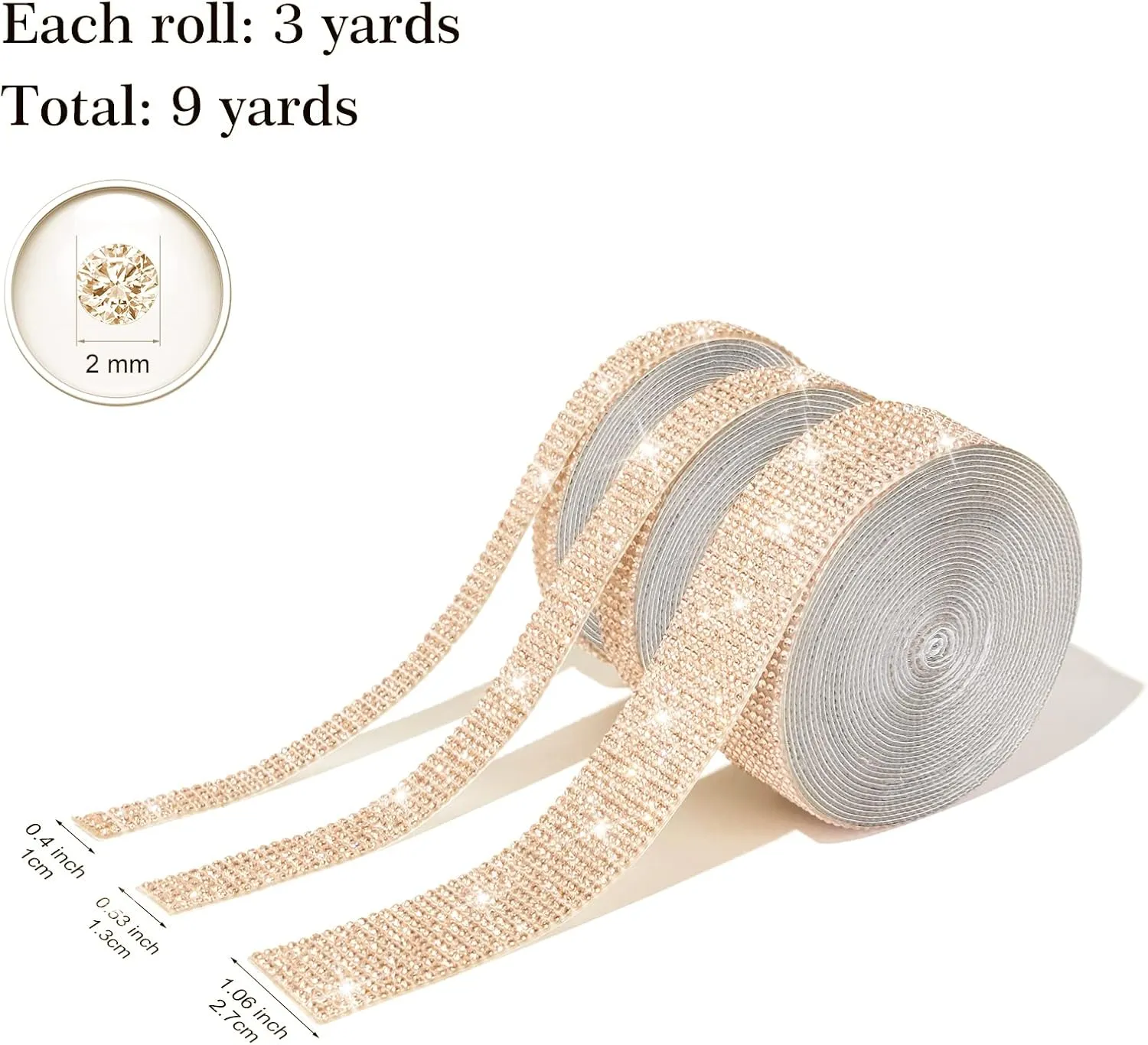 GREAT&LUCKY 3 Rolls 9 Yards Self Adhesive Crystal Rhinestone Diamond Ribbon - Bling Diamond Stickers Wrap Roll DIY for Crafts Arts, Rhinestone Strips Tape for Car Phone Decoration(Champagne)