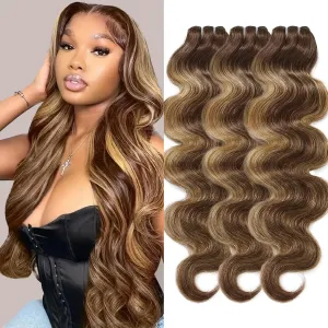 Hair Bundles 16A Brazilian Virgin Hair Body Wave Bundles 18 20 22 Inch Thick Weave P427 Brown Highlight