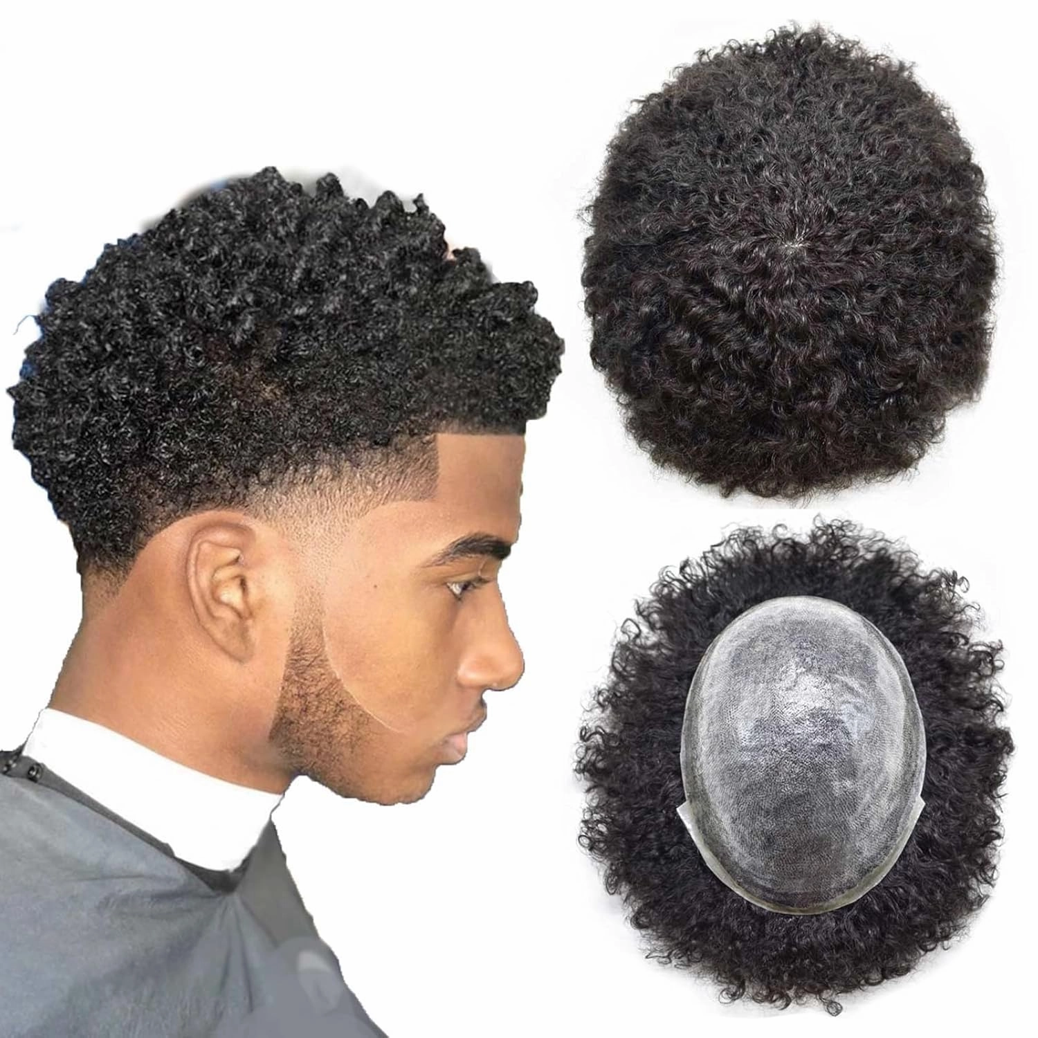 Hair Units for Men Afro Toupee Curly Replacement System for Man African American Men Weave Units Hairpieces 1B# Natural Black-8MM Afro Wavy